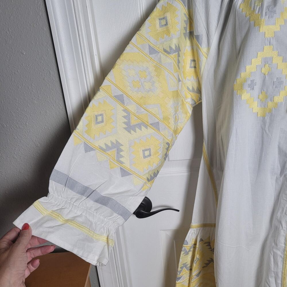 Julia Amory Dress 2XL White Yellow Coatue Caftan Embroidered Boho Maxi Belted - Picture 3 of 15